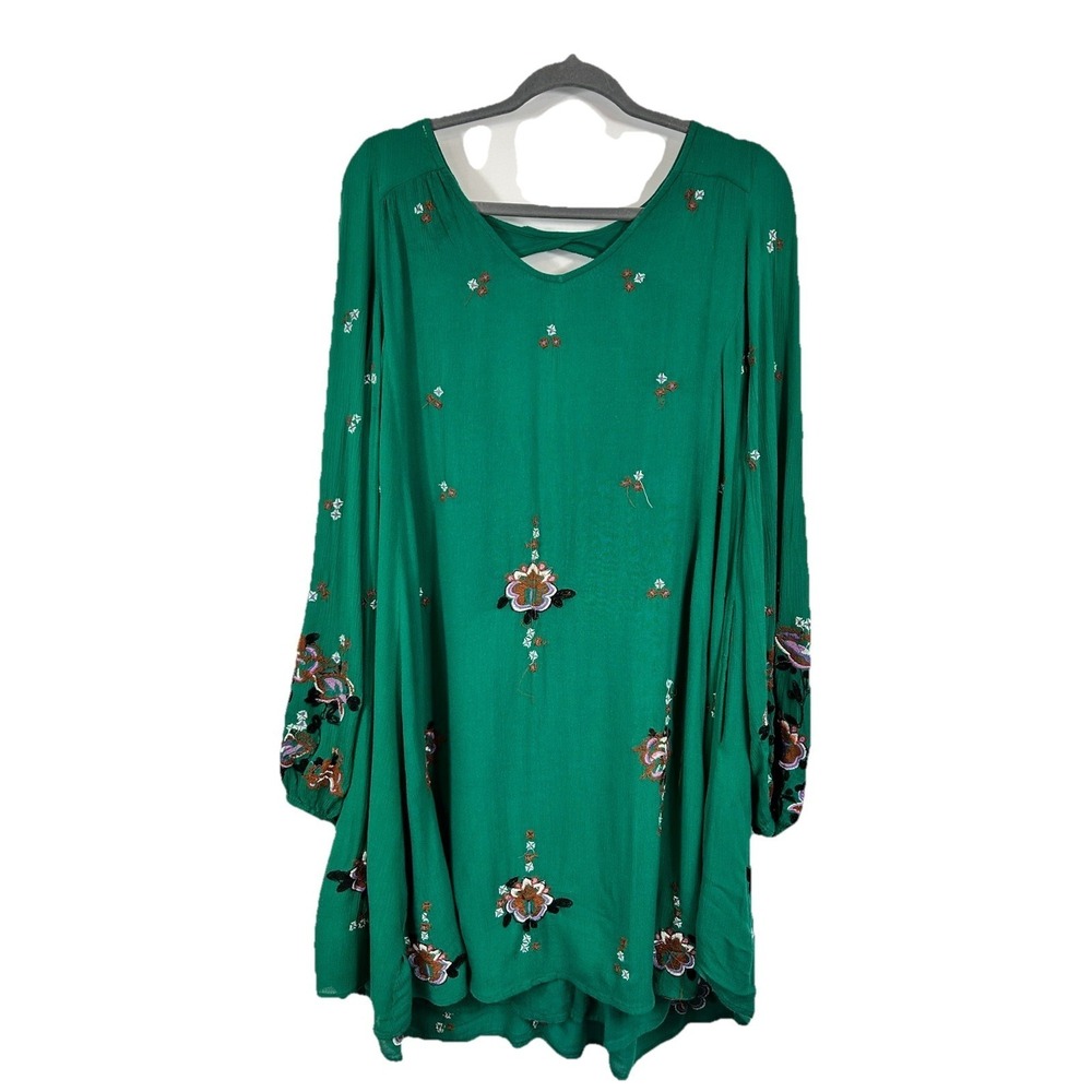 Free People Green Embroidered Boho‎ Mini Dress Pockets M Peasant Cottage Viscose